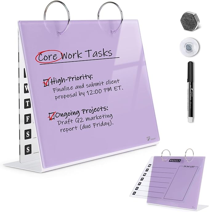 Desktop Glass Dry Erase & Acrylic Aesthetic Desk Calendar Weekly To-do List Combo, Small Magnetic Standing Whiteboard, Desk Flip Easel Calendar with Accessories for Home Office Supply, Purple, 9 x 7''