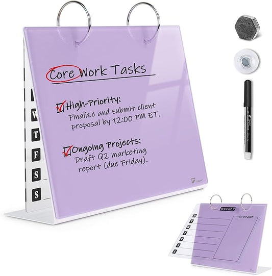 Desktop Glass Dry Erase & Acrylic Aesthetic Desk Calendar Weekly To-do List Combo, Small Magnetic Standing Whiteboard, Desk Flip Easel Calendar with Accessories for Home Office Supply, Purple, 9 x 7''