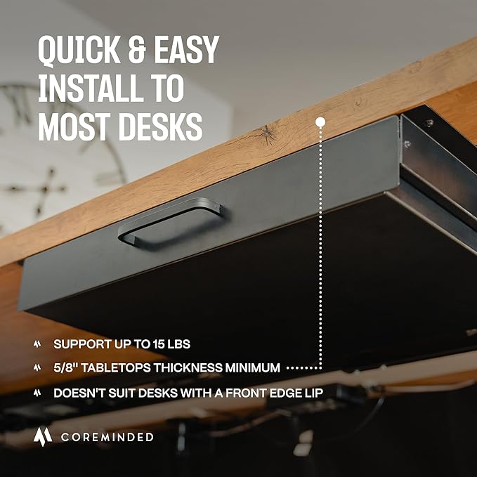 Storage Drawer - Carbon Steel Underdesk Drawer Slide Out, 17.7 x 12 x 4 in, Matte Black - Premium Quality, Ergonomic Organization, Cable Management, Versatile Sizes, Luxe Extras