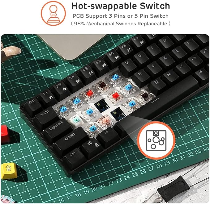 RK ROYAL KLUDGE RK61 Wireless 60% Triple Mode Mechanical Keyboard, 61 Keys Bluetooth Mechanical Keyboard, Compact Gaming Keyboard with Programmable Software (Hot-Swappable Red Switch, Black)