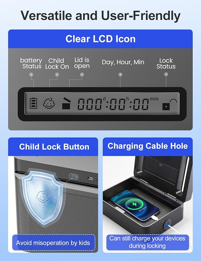 Metal Time Lock Box with Emergency Unlocking, Phone Timed Locked Box with Timer, Timed Locking Container, Audio Prompt, Self-Discipline Gift, 365 Days Max for Cellphone/iPad Mini/Medication
