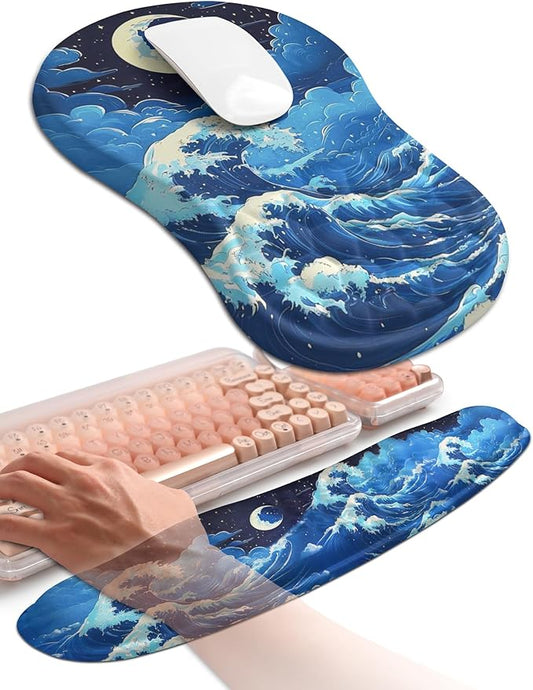 Hokafenle 2in1 Combination, Wave Keyboard Wrist Rest and Ergonomic Curvature Mouse Pad Wrist Support for Relieve Wrist Pain, Filled with Soft Cushion Memory Foam, Crescent Waves