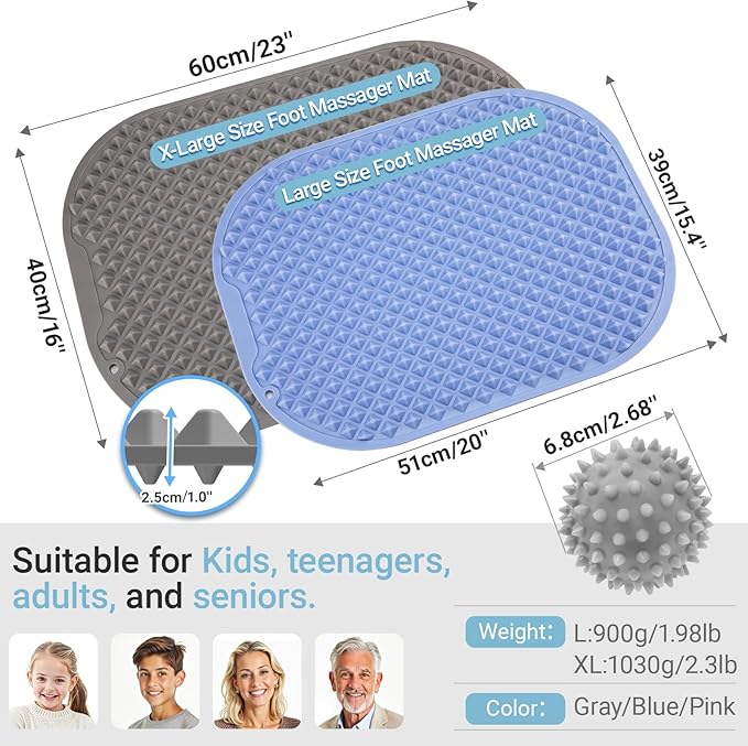 Upgrade Silicone Foot Massage Mat, Large Reflexology Mat for Feet Relaxation, Portable Foot Acupressure Mat with Dual-Side Usage, Foldable Standing Desk Mat for Pain, Fatigue Relief(Gray-XL)