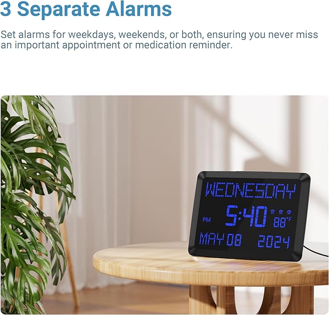 11.5” Digital Wall Clock with Date,Time,Week,Indoor Temperature,3 Alarms,5 Dimmer,2 USB Chargers,Battery Backup,Snooze,12/24H for Elderly,Parents,Impaired Vision,Dementia,Memory Loss,Office,Bedroom