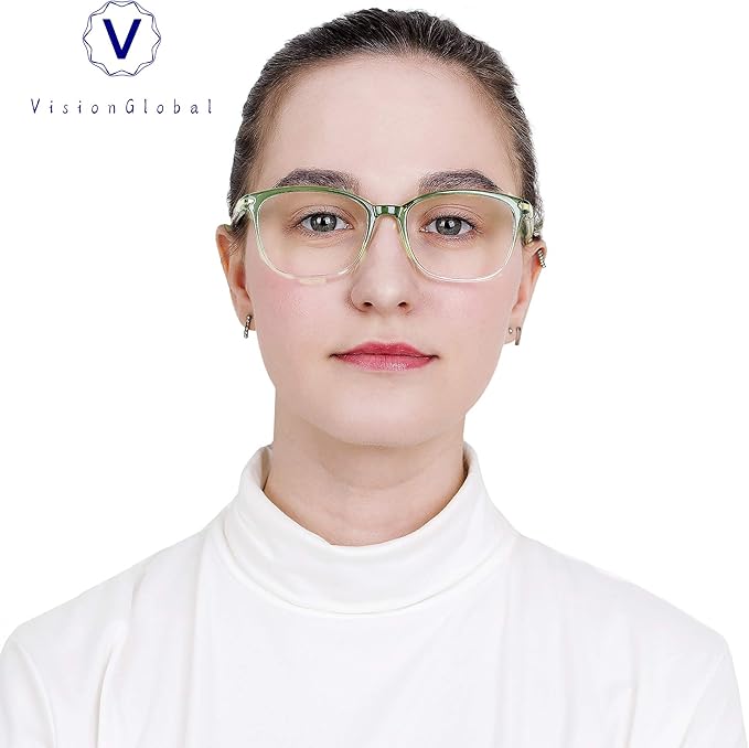 VisionGlobal Blue Light Blocking Glasses for Women, Anti Eyestrain, Computer Reading, TV Glasses, Stylish Square Frame, Anti Glare(Clear Green,+4.50 Magnification)