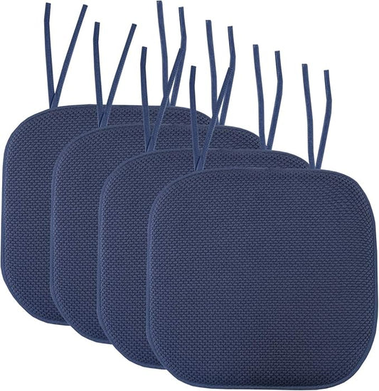 Sweet Home Collection Chair Cushion Memory Foam Pads with Ties Honeycomb Pattern Slip Non Skid Rubber Back Rounded Square 16" x 16" Seat Cover, 4 Pack, Navy 4 Pack