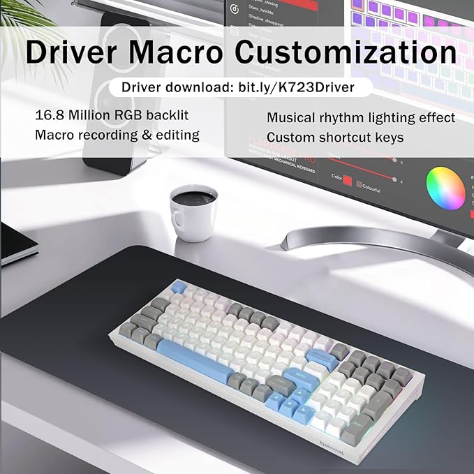 Redragon K723 Wireless Mechanical Gaming Keyboard, Hot Swappable Pre-lubed Linear Switches, Gasket Design, Bluetooth/2.4GHz/USB-C, Creamy Sound, RGB Backlit for PC/Mac/PS/Xbox, White Grey