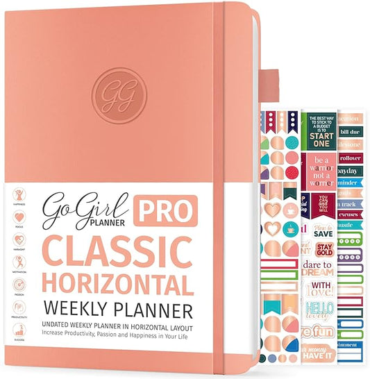GoGirl Planner PRO - Undated Horizontal Layout Weekly Planner and Organizer + Budgeting and Expense Tracking Pages, Goals Journal & Agenda, 7" x 10" Hardcover, Lasts 1 Year - Peach Pink