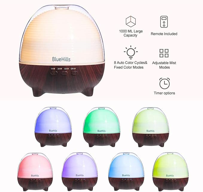 BlueHills Premium 1000 ML Large XL Essential Oil Diffuser with Remote Aroma Humidifier for Large Room Home Long Run Time Huge Coverage Area Lights High Mist Output Big Capacity Dark Wood Grain N6