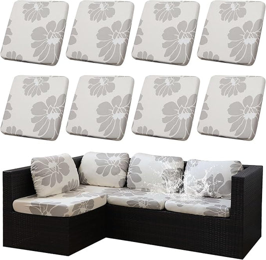8Pcs Stretch Patio Cushion Covers Outdoor Cushion Cover, Jacquard Stretch Cushion Covers, Cover Replacement, Outdoor Sofa Covers, Washable Furniture Couch Cushion Cover (Wild Gardenia)