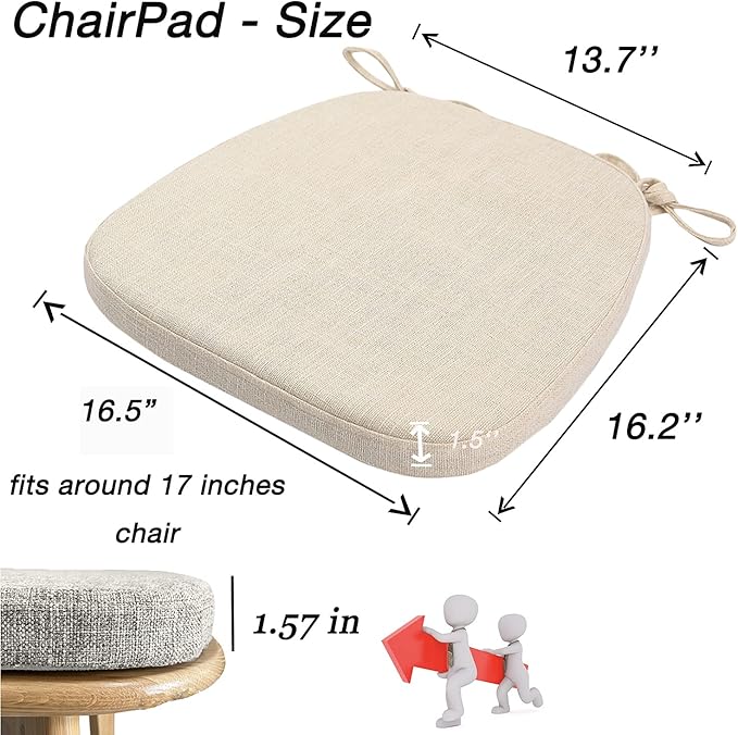 Chair Cushion with Ties for Dining Chairs - Memory Foam Non Slip Kitchen Chair Pad and Dining Seat Cushion with Machine Washable Cover Set of 4 [16.5 x 16.2 Inches] (Light Beige, 4)