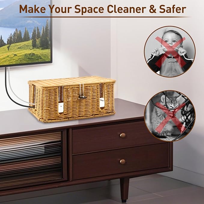 Cable Management Box - 2 Pack Cord Hider Organizer Boxs - Small & Medium Szie Power Cover Cord Box, Handwoven Rattan Cable Organizer for TV Computer USB Hub Power Strips & Cords
