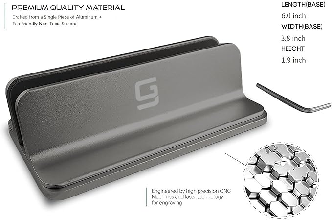 Vertical Laptop Stand for Desk [Adjustable] Sturdy Aluminum Dock Fits All Laptops (up to 20.3 inches) Space Saving, Modern Compact Holder, Compatible with MacBook Pro/Air, Surface, HP, Dell (Gray)