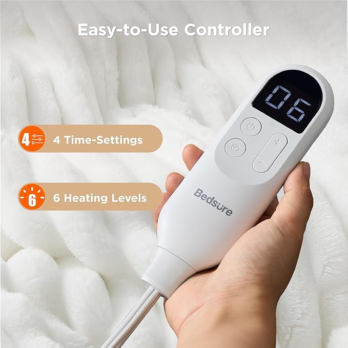 Bedsure Heated Blanket Electric Throw - Thick Striped Flannel Electric Blanket, Heating with 4 Time Settings, 6 Heat Settings, and 3-Hour Timer Auto Shut Off, Gift for Grandma (50x60 inches, White)