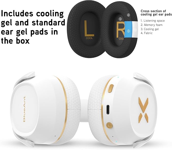 BlueAnt Pump X - The Gym Headphones | White/Gold | Sports Headphones | Cushioned & Cooling Ear Pads | (ANC) Active Noise Cancelling/Advanced Transparency | Wireless | Up to 58hr Play Time
