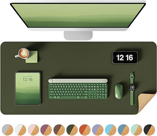 YSAGi Double-Sided Desk Pad, 31.5"x15.7" Leather Desk Mat, Eco Cork Desk Pad Protector,Large Mouse Pad,Waterproof Desk Blotter for Office/Home (Dark Green/Cork)