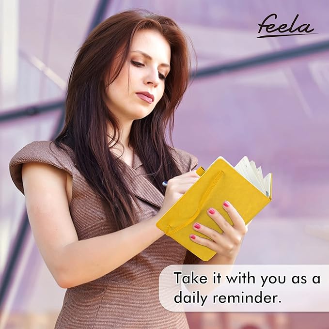 feela Hardcover Notebook For Work, Classic Ruled Lined Journal Set School Business Supplies, with 3 Black Pens, 120 GSM, 5.1”x8.3”, 3 Pack, A5, Solid Colors, Yellow, Orange, Emerald