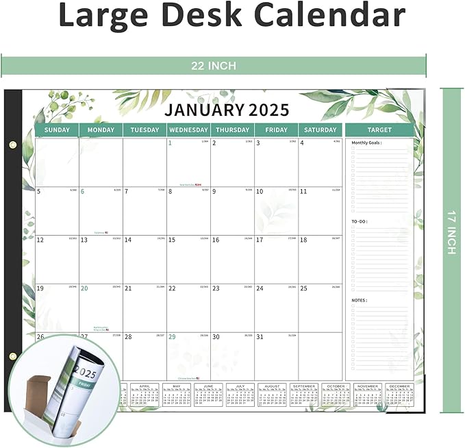 Ospelelf Desk Calendar 2025-2026 Large 22"x17" Monthly Planner Pad with Plastic Cover 18 Months Green Leaves
