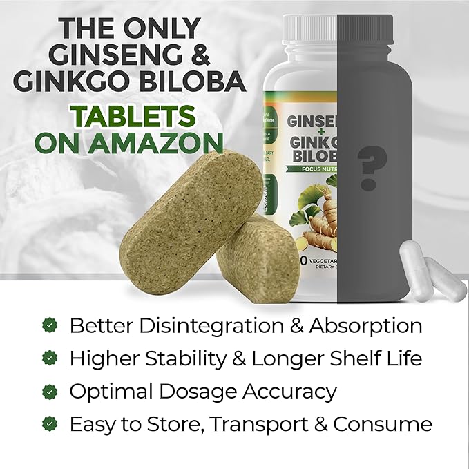 Ginko Biloba & Panax Ginseng Supplement - Red Ginseng Brain Supplement for Memory and Focus - Ginkgo Biloba Supplements for Good Vision, Immune System and Improved Blood Flow - 60 Tablets