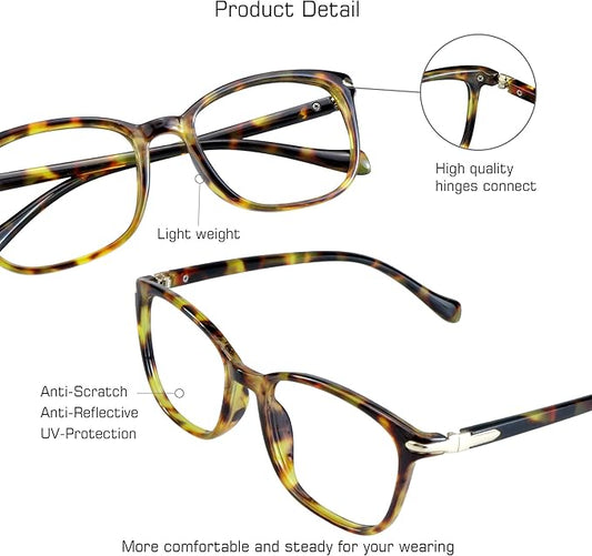 VisionGlobal Blue Light Blocking Glasses for Women, Anti Eyestrain, Computer Reading, TV Glasses, Stylish Square Frame, Anti Glare(Brown Tortoise,+5.75 Magnification)