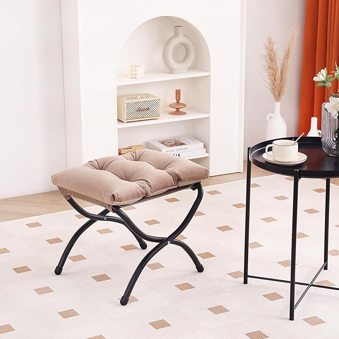 LITA Folding Upholstered Footrest Stool, Modern Small Portable Accent Ottoman with Detachable Thick Cotton Cushion Padded Sofa Stool with Metal Frame for Lazy Chair, Living Room & Bedroom, Khaki