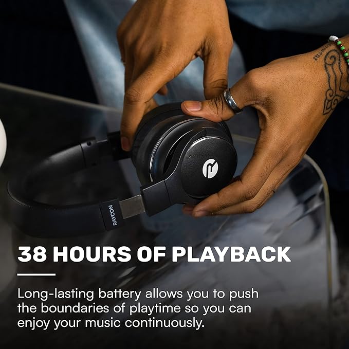 Raycon The Everyday Wireless Bluetooth Over Ear Headphones, with Active Noise Cancelling, Awareness Mode and Built in Microphone, IPX 4 Water Resistance, 40 Hours of Battery Life (Black)