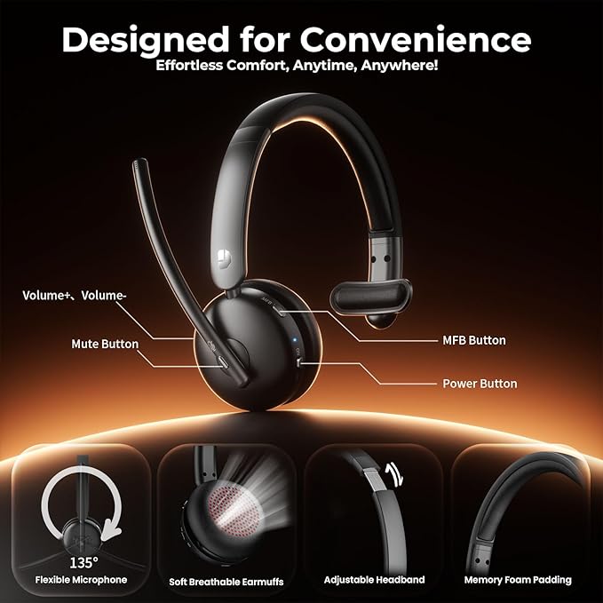 Wireless Headset with Mic for Work, Bluetooth 5.3 Headsets with AI Noise Cancelling, 65H Battery & Mute Function, Single-Ear Wireless Headset & USB Dongle, Fit for PC/Laptop/Teams/Skype/Call Center