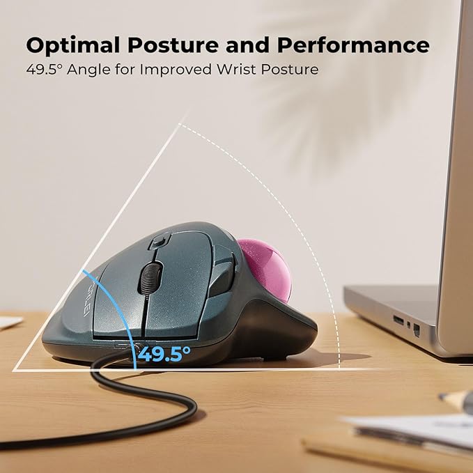 Wired Trackball Mouse with RGB Lighting, Ergonomic Thumb Control to Reduce Muscle Strain, 5 Adjustable DPI, Dual USB-C & USB-A Connectivity, Compatible with PC, Laptop, Mac, Windows-Pink