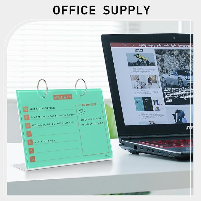 Desktop Glass Dry Erase & Acrylic Aesthetic Calendar Weekly to-do List Combo, Small Magnetic Standing Whiteboard, Desk Flip Easel Calendar with Accessories for Home Office Supply, Mint Green, 9 x 7''