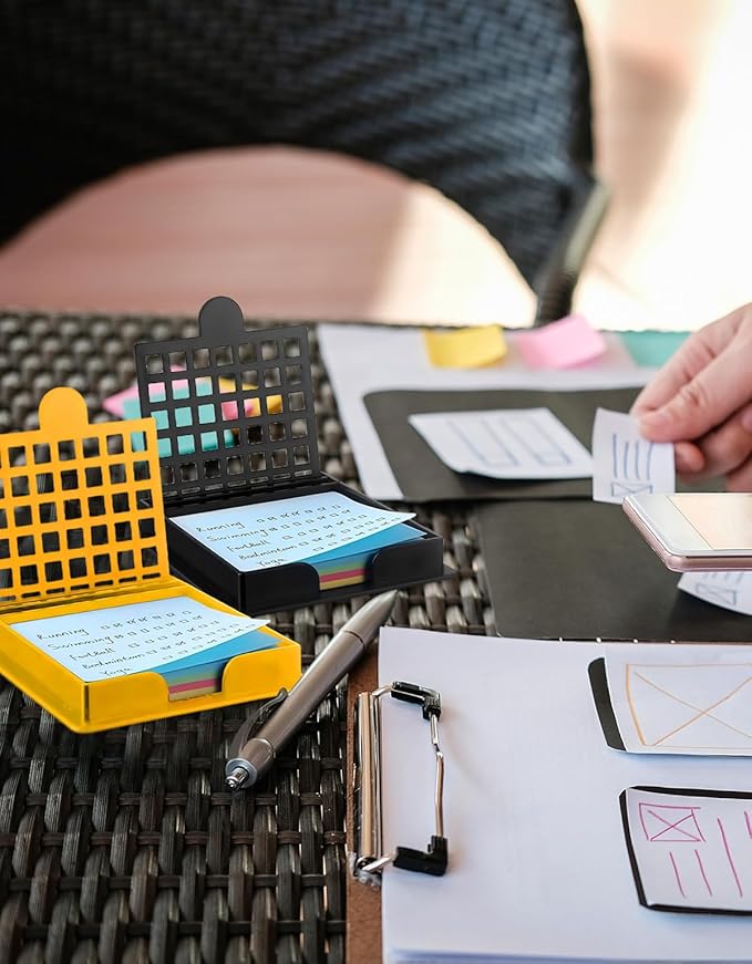 Sticky Note Holder with 5 Stencils, 3x3 Sticky Pads Dispenser with Stencil,Memo Pad Organizer with Line Box Drawing Template for to-Do Lists, Home, Office, Reusable Note Organizer (Blue)