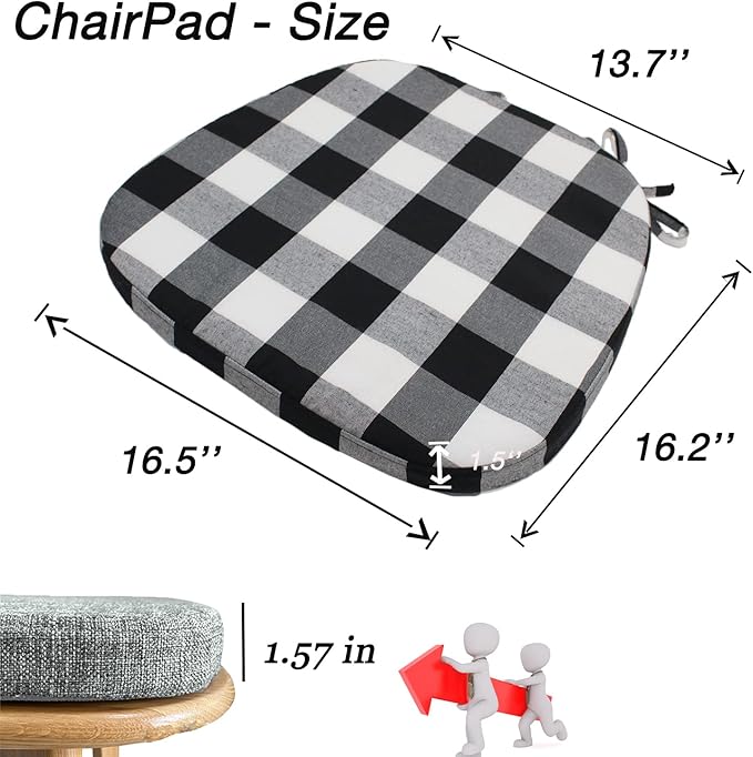 Chair Cushion with Ties for Dining Chair - Memory Foam No Slip Kitchen Chair pad and Dining Room Seat Cushion with Machine Washable Cover [16.5 X 16.2 Inches] - (Black White,1)