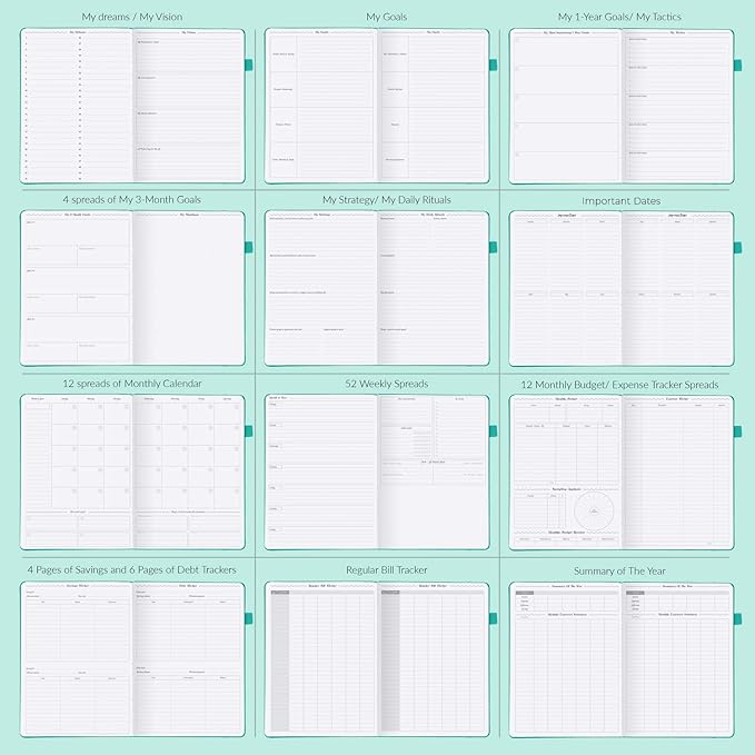GoGirl Planner PRO - Undated Horizontal Layout Weekly Planner and Organizer + Budgeting and Expense Tracking Pages, Goals Journal & Agenda, 7" x 10" Hardcover, Lasts 1 Year - Turquoise