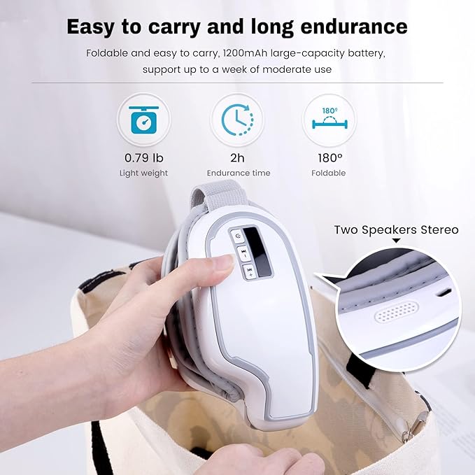 Eye Massager with Heat,Heated Eye Mask, Compression Massage,Eye Massager for Migraine Relief, Reduces Dark Circles & Strain, Improves Sleep, Ideal Gift for Men/Women,White