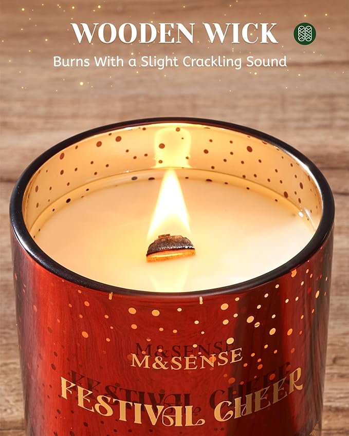 M&SENSE Festival Cheer Wooden Wick Holiday Candle, 18oz Almond & Apple Highly Scented Clean Natural Soy Wax Candle, 100 Hours Burn Candle, Aromatherapy Large Candle for Housewarming Bathroom Bedroom