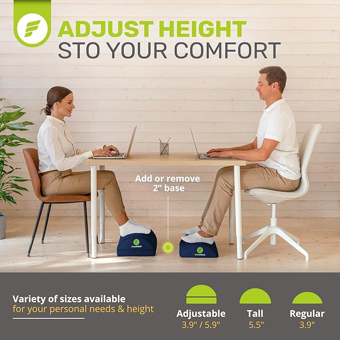 ErgoFoam Foot Rest for Under Desk at Work - Chiropractor Endorsed 2in1 Adjustable Premium Under Desk Footrest - Ergonomic Desk Foot Rest with High-Density Compression-Resistant Velvet Soft Foam (Blue)