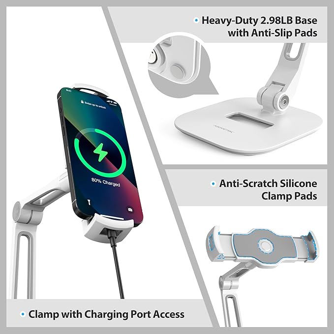 AboveTEK Multi-Angle Adjustable Tablet Stand, 360 Swivel iPad Stand Aluminum Desk Mount Fits 4'-11" Tablets White