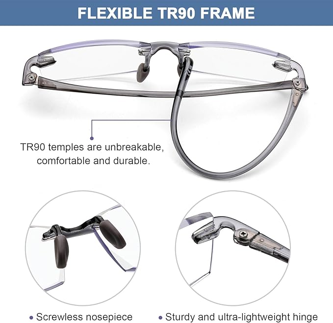 AQWANO Rimless Reading Glasses for men Women TR90 Ultralight Frameless Readers Fashion Designer Computer Blue Light Blocking Anti-reflective,2.5