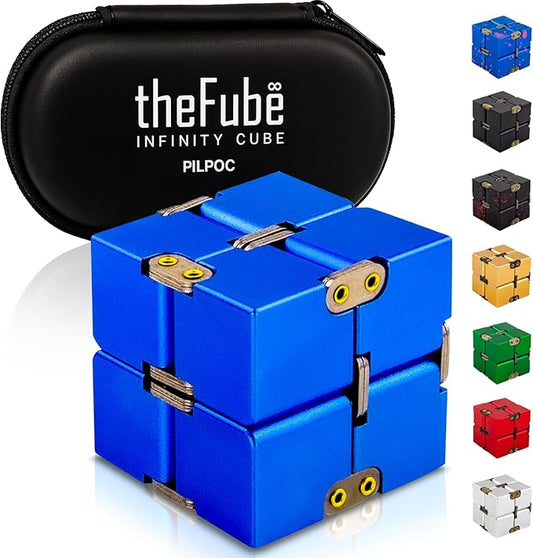 PILPOC theFube Infinity Cube Fidget Desk Toy - Aluminum Infinite Magic Cube with Case, Sturdy, Heavy, Relieve Stress and Anxiety, for ADD, ADHD, OCD (Blue)