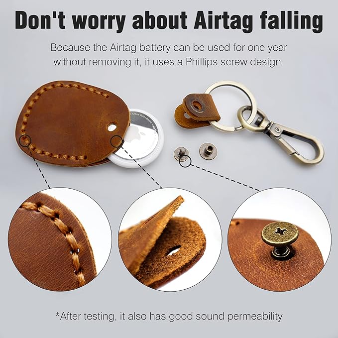 Genuine Leather Airtag Holder, Portable Air Tag Keychain with Key Rings Full Coverage Air Tags Hidden Case Cover Compatible for AirTags Dark Brown