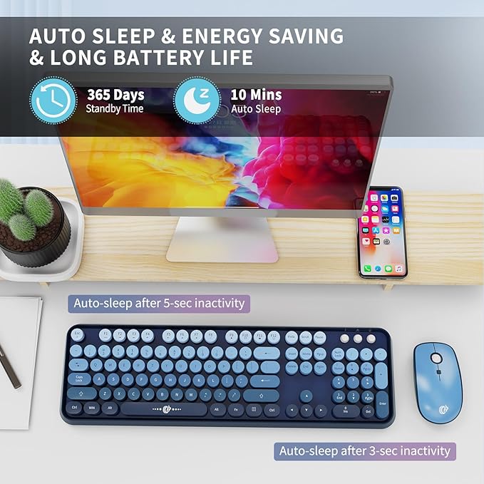 Wireless Keyboard Mouse Combo,104 Round Keys Cute Colorful Keyboard with Retro Typewriter Style,Letton Full Size Keyboard with Number Pad&Mouse with 3 DPI for PC Mac Laptop Computer Windows-Blue