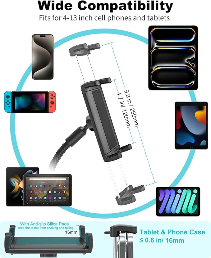 Spin Bike Tablet Holder - Metal Gooseneck Treadmill Tablet Mount, Anti-Shake Elliptical Handlebar Clamp for iPad Pro 13 12.9 Mini Air, Tab, Z Fold, 4-13" Devices