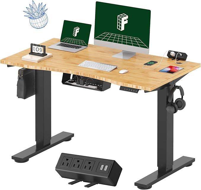 FLEXISPOT EN2 Whole-Piece Bamboo Standing Desk with Clamp Power Strip, 48 x 24'' Electric Stand Up Height Adjustable Desk with Cable Management (Black Frame + 48" Bamboo Top, 2 Packages)