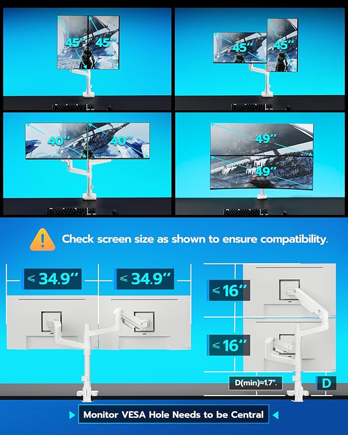 ARES WING Dual Monitor Stand for Ultrawide Heavy Duty Curved Monitor Stacking, Fits 17-49 Inch, Vertical Gas Spring Double Monitor Mount with USB, Adjustable Dual Monitor Mount for Desk, White