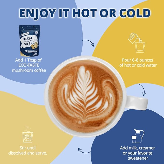 Relaxing Decaf Mushroom Coffee Blend with Reishi, Chamomile & Turmeric - 30% Beta-Glucans, MCT, Melatonin for Stress Relief & Focus - 6.35oz (180g) Afternoon Wellness Drink