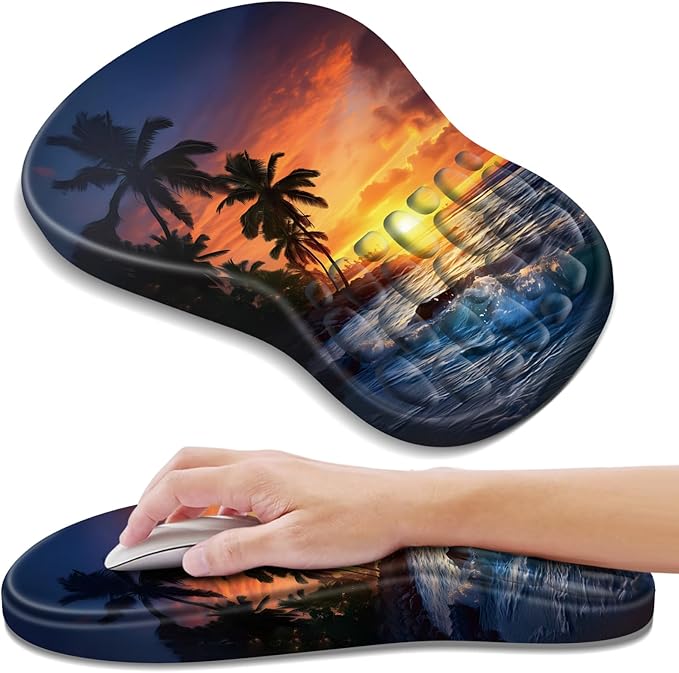 Ergonomic Mouse Pad with Wrist Rest Support, Mousepad with Comfortable Memory Foam Wrist Rest and Non-Slip PU Base for Pain Relief, Computer, Laptop, Office, Home (Sunset Beach)