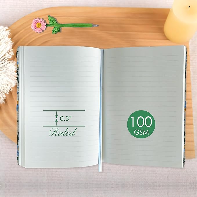 Daisy Gifts, Embroidered Journal, Floral Notebook, A5, 8"x6", Lined, Wide Ruled Paper, Hardcover, Lay Flat, Pretty Journal for Women, Personal Journal, White Daisy Flowers, with Elastic Band