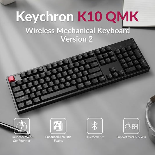 Keychron K10 Full Size 104 Keys Bluetooth Wireless/USB Wired Mechanical Gaming Keyboard for Mac with Keychron Super Banana Switch/RGB Backlight/Computer Keyboard for Windows, Aluminum Frame(Version 2)