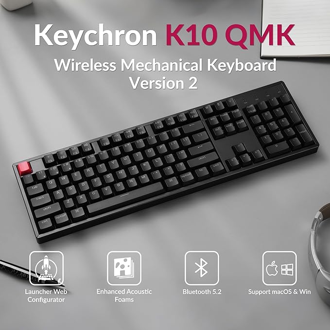 Keychron K10 Full Size 104 Keys Bluetooth Wireless/USB Wired Mechanical Gaming Keyboard for Mac with Keychron Super Brown Switch/RGB Backlight/Computer Keyboard for Windows, Aluminum Frame(Version 2)