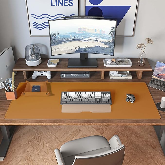 DAWNTREES Dual Sided Desk Mat,Leather Desk Pad,Brown 40"x16",Cork Desk Mat Protector,with PU Leather Valet Tray Organizer,Large Mouse Pad,Desk Writing Pad for Office and Home