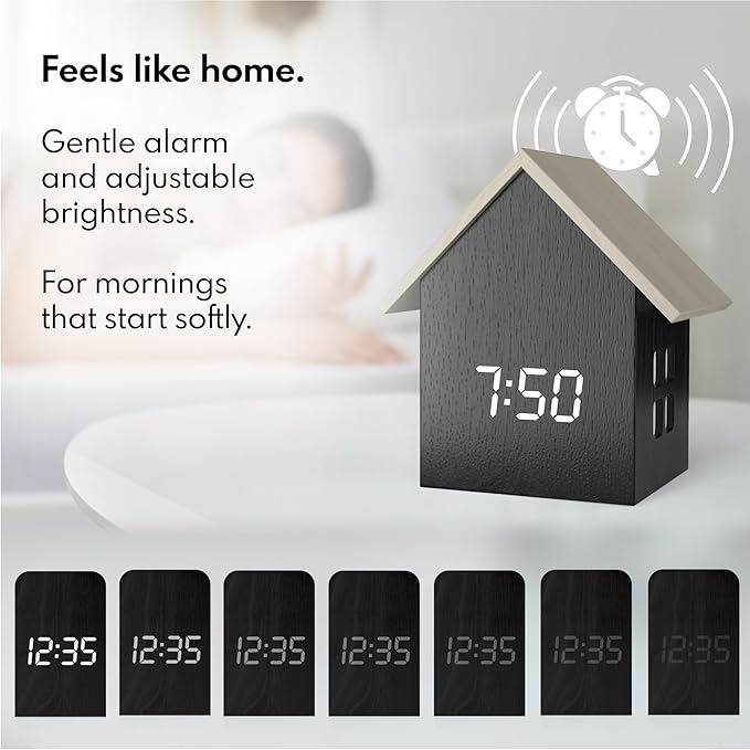 Driini Digital House Shaped Alarm Clock with Temperature Display (Dark Wood) – Modern Aesthetic with Cute Cube Frame and White LED Dimmer - Perfect Large Desk Clock for Bedside Table or Bedroom Mantle